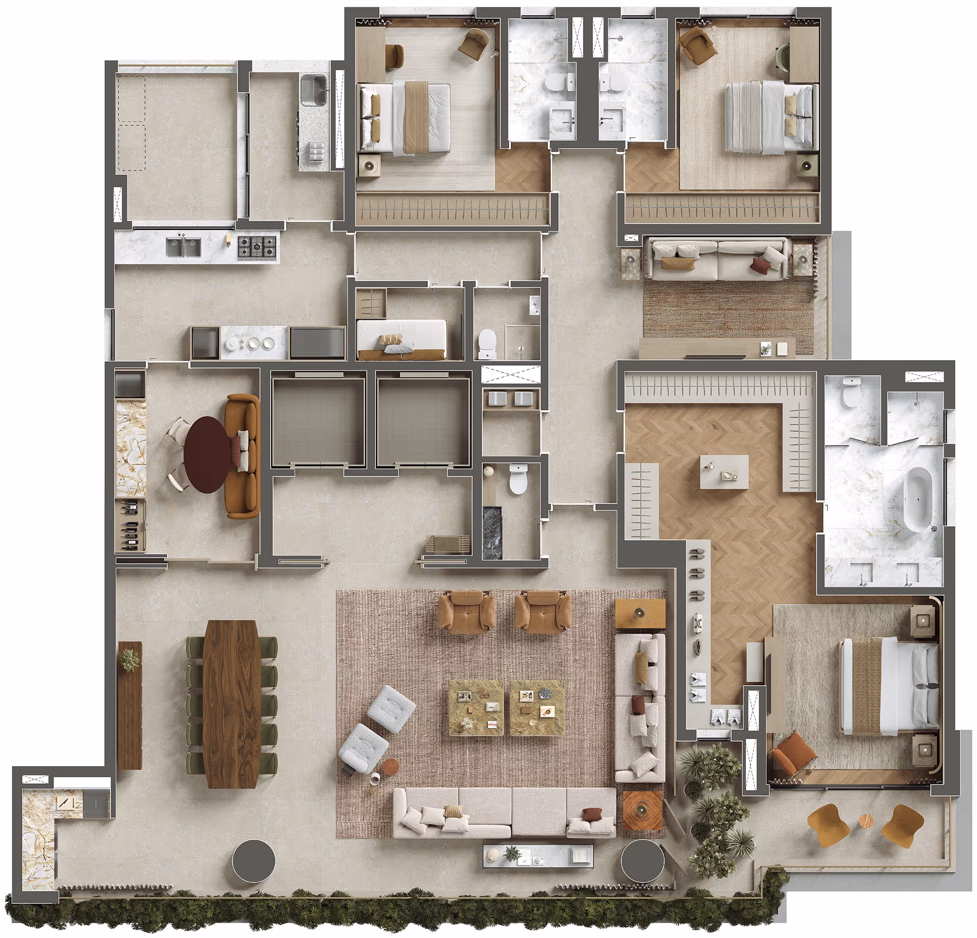 Planta do apartamento de 300 m² com 3 suítes, opção 2, no ETERNO Paraíso