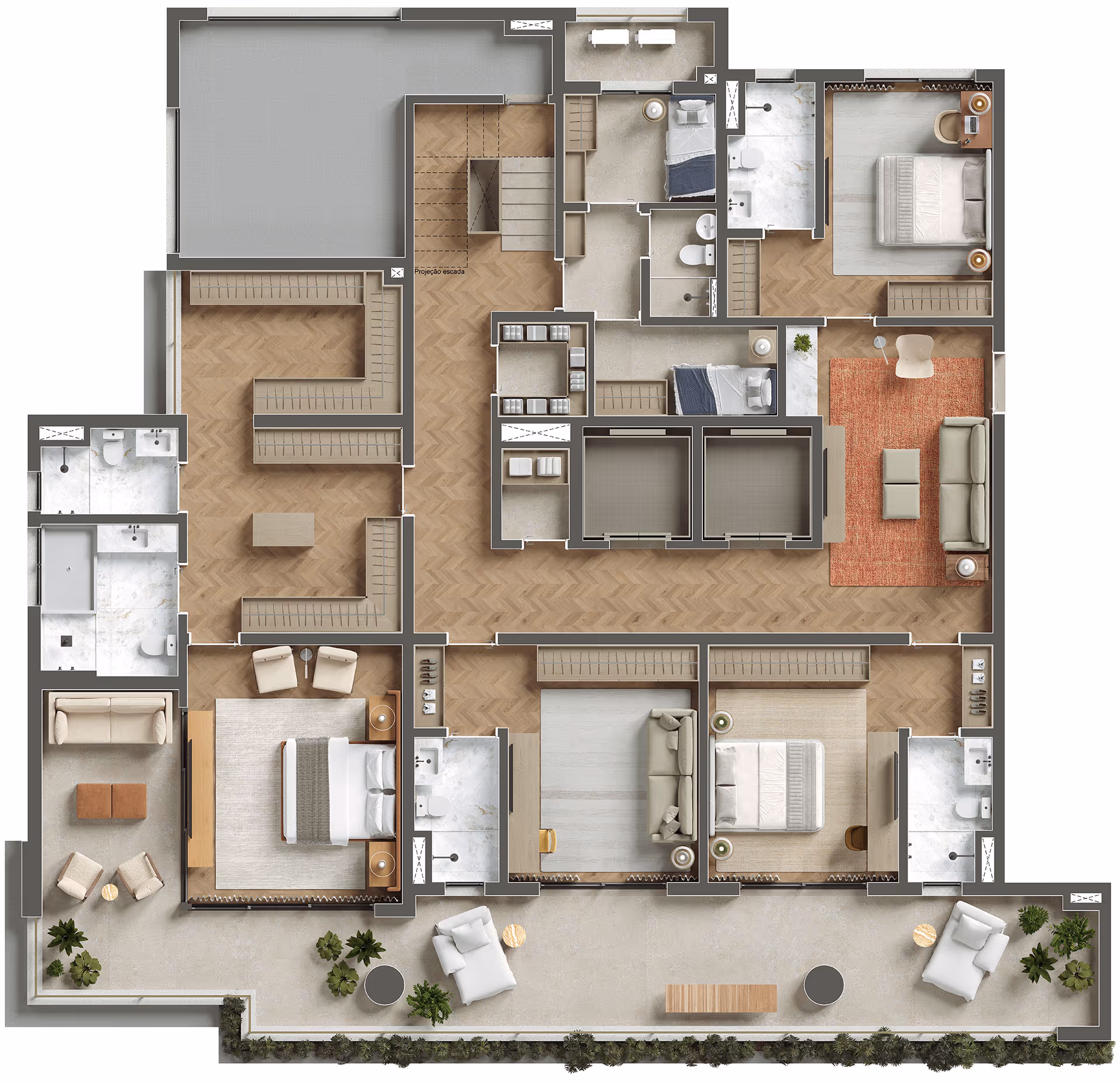 Planta do pavimento inferior da cobertura duplex de 588 m² do ETERNO