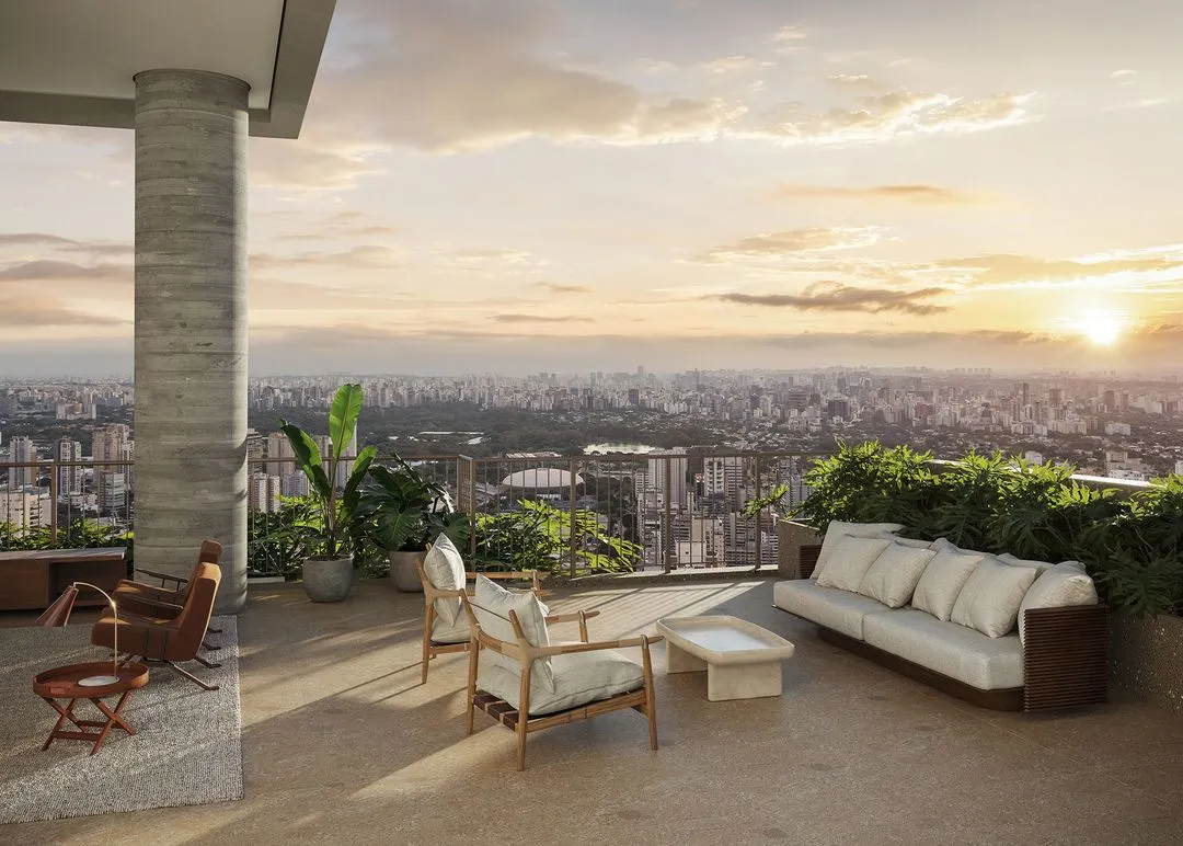 Perspectiva artística da varanda da cobertura duplex de 588 m² do ETERNO
