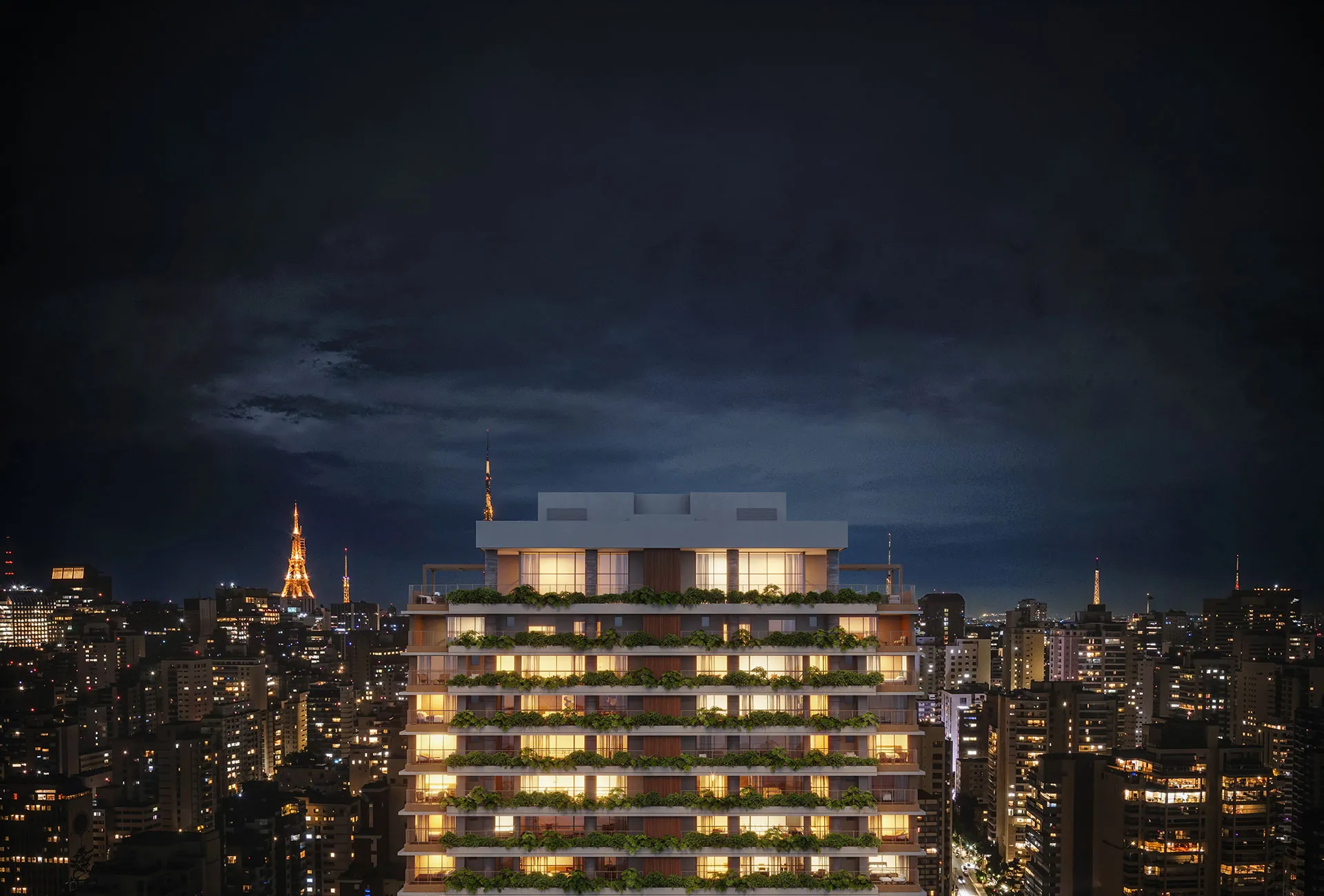 Fachada noturna do ETERNO Alma Brasileira, apartamento de luxo no Paraíso com vista para a Av. Paulista