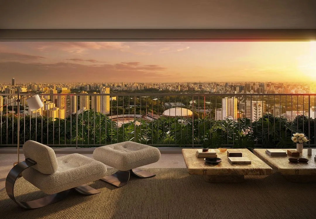 Decorated 300 m² apartment in Paraíso: living room overlooking Ibirapuera Park, artist’s impression