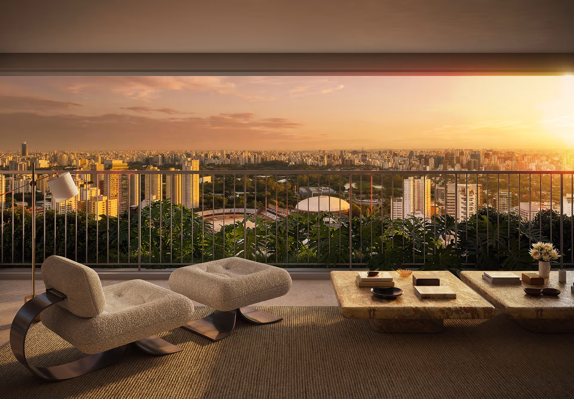 Apartamento decorado de 300 m² no Paraíso: sala com vista para o Parque Ibirapuera, perspectiva artística